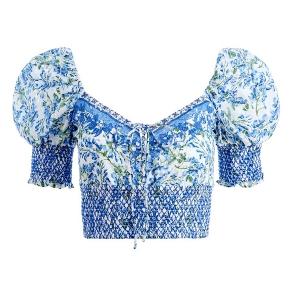 NWT ALICE + OLIVIA Crawford Floral Puff Sleeve Cotton Silk Crop Top Sz. L - Picture 5 of 5